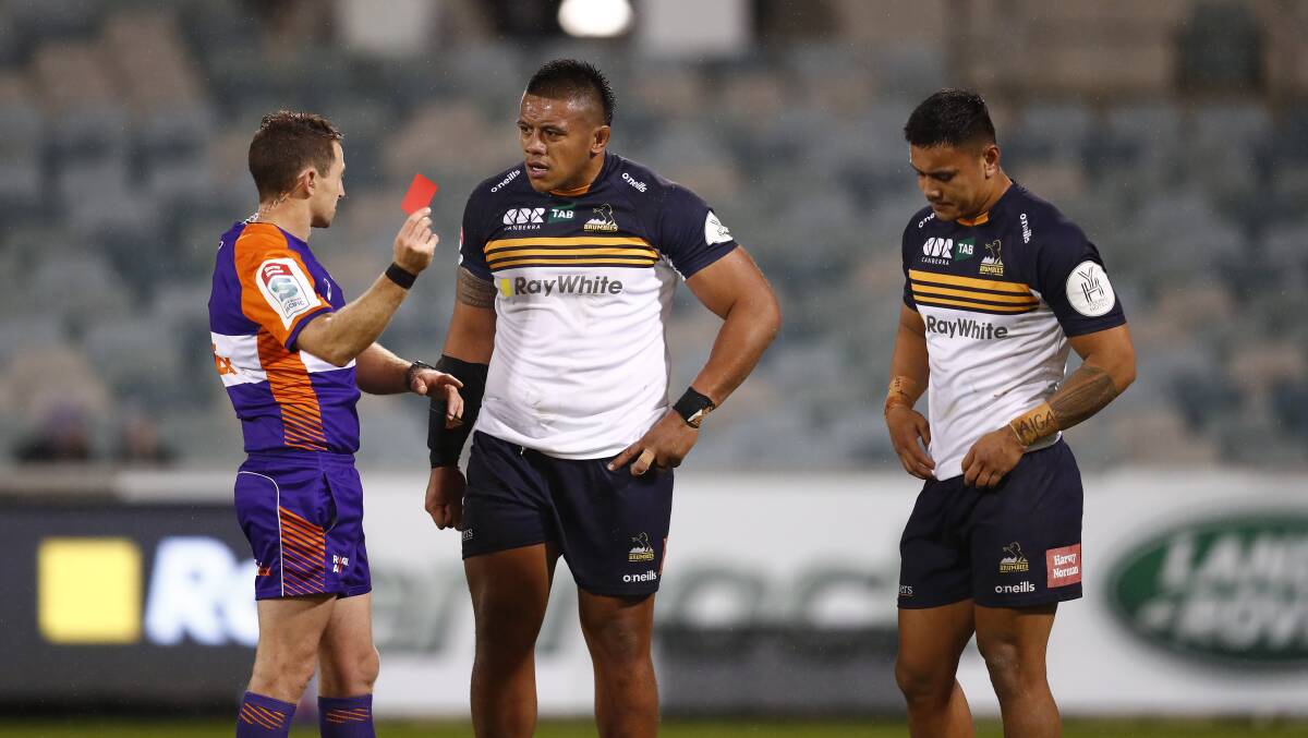 Brumbies outside centre Len Ikitau gets red carded for a high shot. Picture: Keegan Carroll
