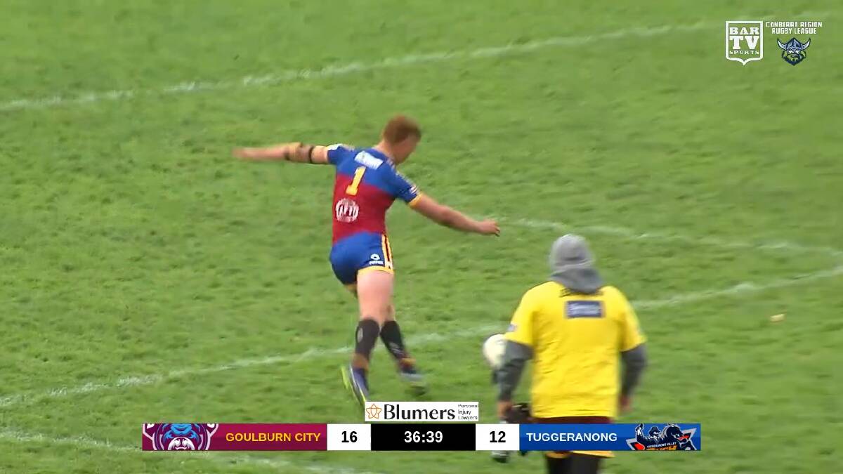 Goulburn's Thomas Harmer kicked a freakish goal on the weekend. Picture: Screenshot from BarTV Sports