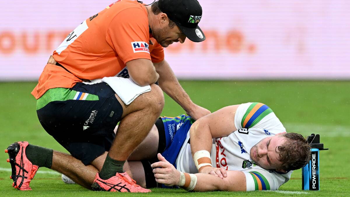 Raiders second-row Hudson Young was on the wrong end of a massive Felise Kaufusi hit, but he able to play on. Picture Getty Images