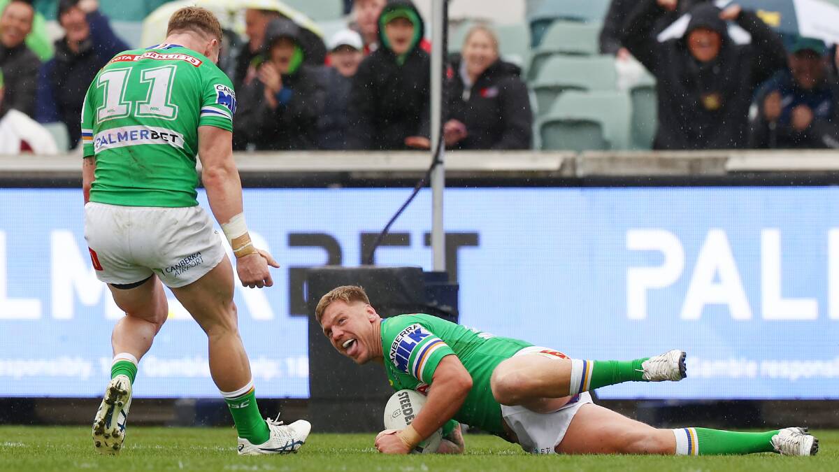 Raiders prop Ryan Sutton celebrates his first try of the season - scored off a charge down of a Ben Hunt bomb. Picture: Getty Images