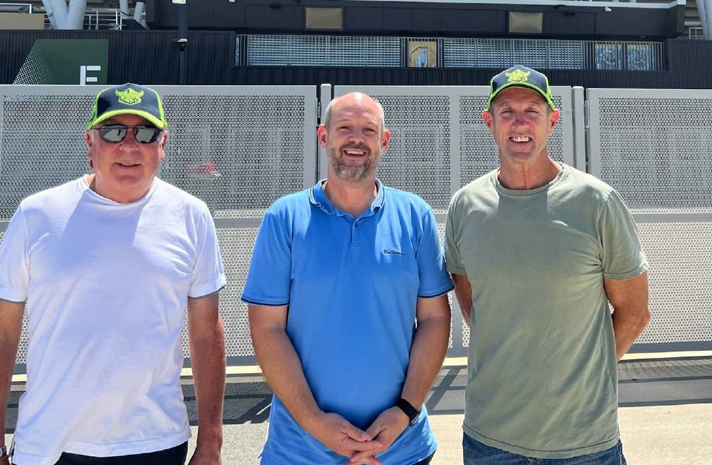 Cowboys chief executive Jeff Reibel, centre, hosted Raiders officials Terry Weber and Don Furner at North Queensland Stadium. Picture: Supplied