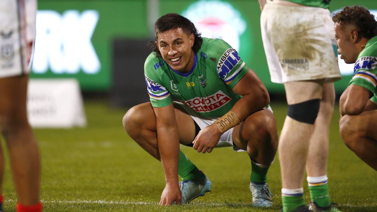Raiders prop Joe Tapine says it would've been "pretty harsh" of Jarome Luai to taunt Selwyn Cobbo is he knew the Queensland winger was unconscious. Picture: Keegan Carroll