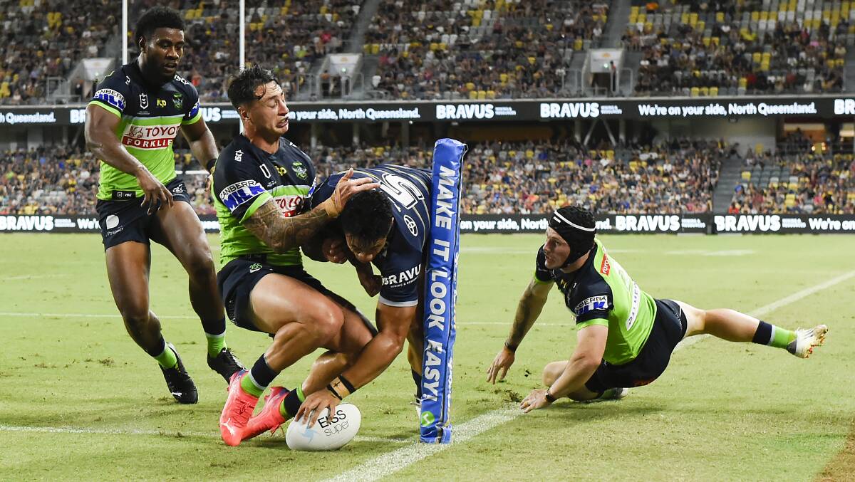 Cowboys winger Murray Taulagi scores the opening try. Picture: Getty Images