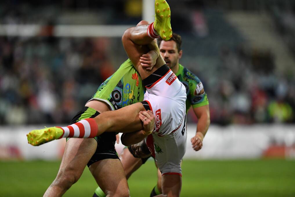 Raiders centre Nick Cotric was sent off for this tackle. Picture: Robb Cox/NRL Images