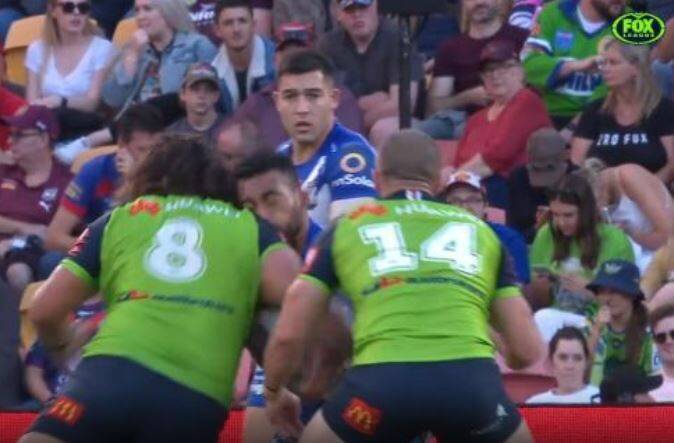 Raiders enforcer Josh Papalii was sent off for this tackle. Picture: Fox Sports screenshot