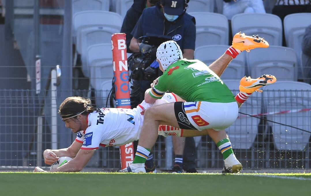 Dragons winger Cody Ramsey almost scored a first-half hat-trick. Picture: NRL Imagery
