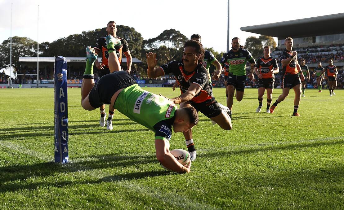 Raiders winger Nick Cotric showed no signs of his groin injury scoring this spectacular try. Picture Getty Images