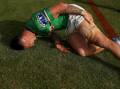 Raiders fullback Charnze Nicoll-Klokstad injured his hamstring stopping a 40-20 attempt. Picture: Getty Images