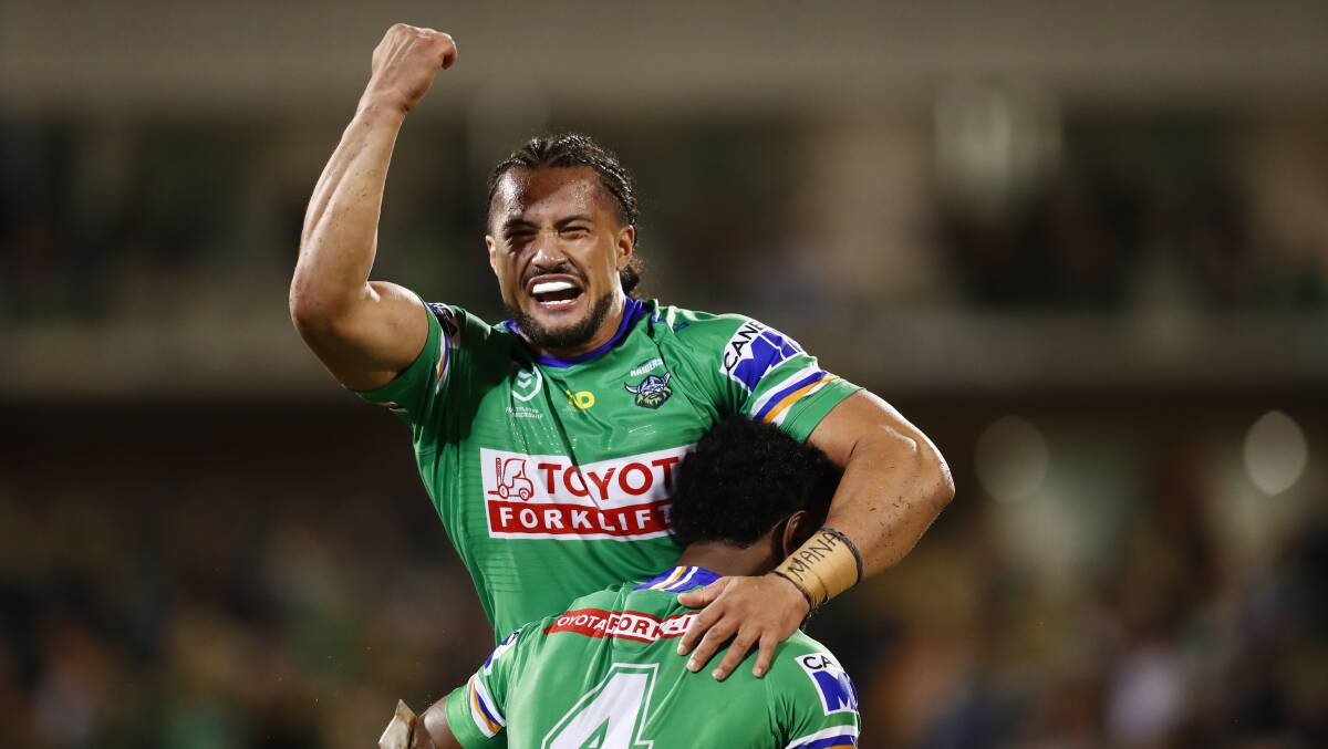 Corey Harawira-Naera celebrates during the win. The Raiders came back from the dead to run over the top of the Titans. Picture: Keegan Carroll