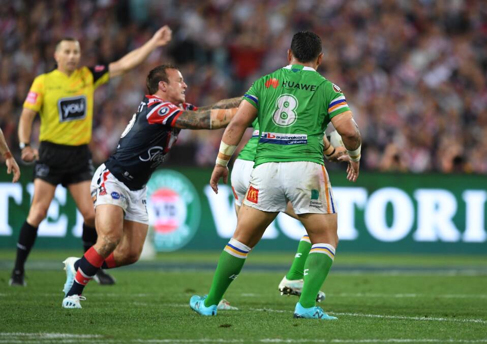 NRL referee Ben Cummins calls six again in last year's grand final - before then changing his mind. Picture: NRL Imagery
