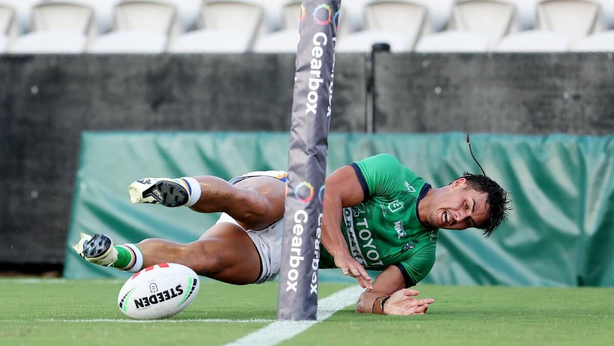 Raiders recruit Kaeo Weekes scores Canberra's opening try. Picture Getty Images