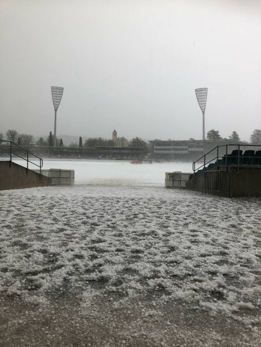 The covers protected the Manuka Oval pitch from the hailstorm. Picture: Cricket ACT