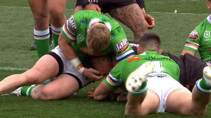 Raiders forward Hudson Young has been sent straight to the NRL judiciary for his alleged eye gouge on Warriors' Adam Pompey. Picture: Fox Sports screengrab