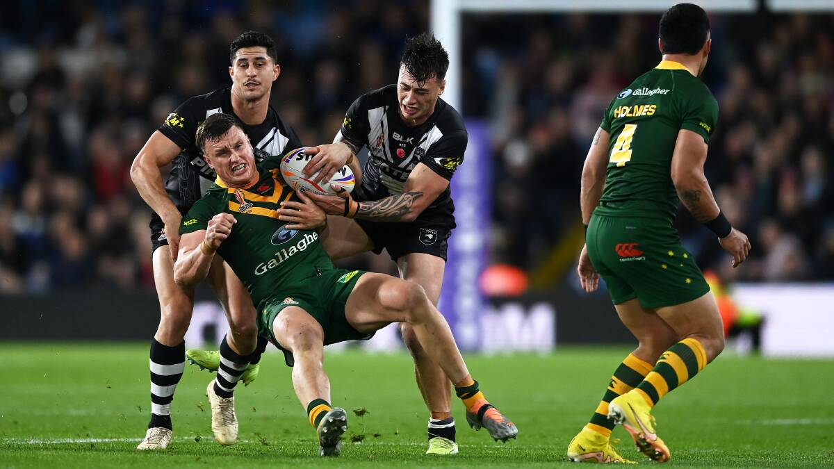 Raiders star Jack Wighton helped the Kangaroos get past the Kiwis into the World Cup final with a try assist. Picture Getty Images