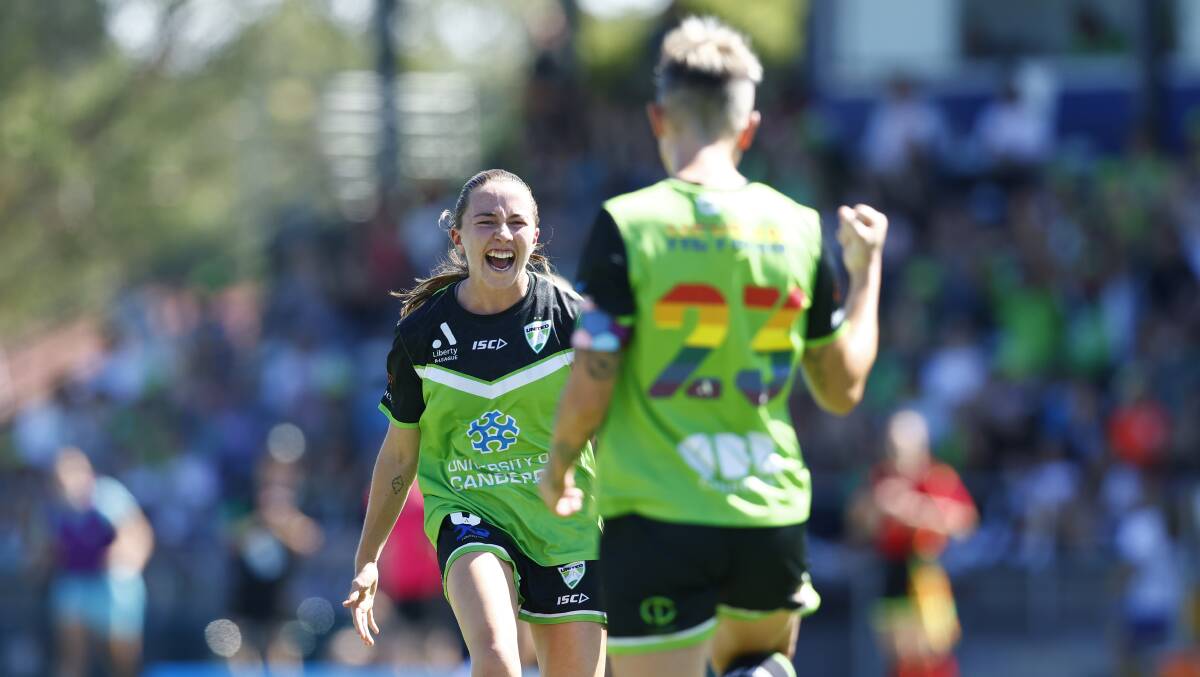 Laura Hughes is stoked with Heyman's goal. Picture by Keegan Carroll