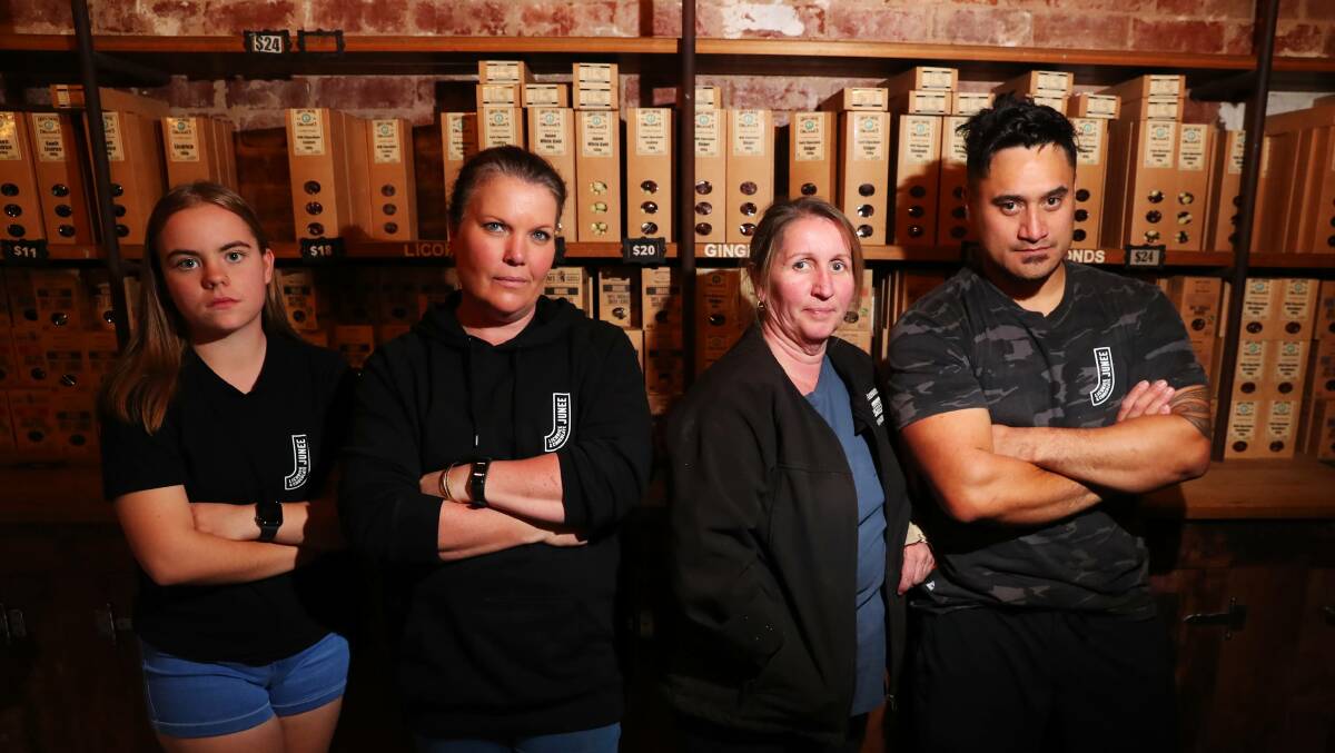 Junee Licorice and Chocolate Factory workers Paige Vanzanten, Heidi Huckshold, Selina Kneubuhler and Chase King, whose employer could be hit by an Australia Post delivery ban. Picture: Emma Hillier.