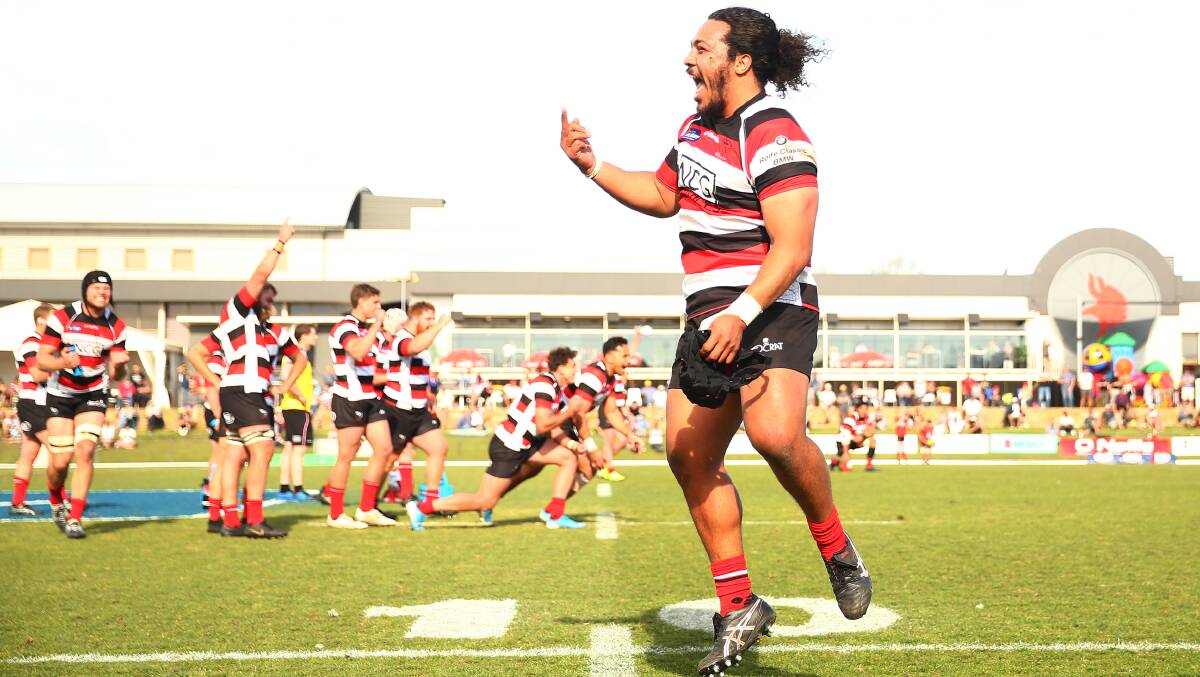 Fred Kaihea celebrates after Noah Lolesio kicked the Canberra Vikings' winning goal. Picture: Getty Images