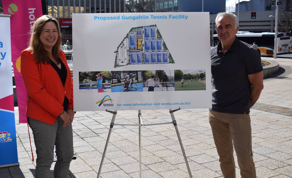 ACT Sports Minister Yvette Berry and Wally Masur unveil the draft design for the Gungahlin facility. Picture: Tennis ACT