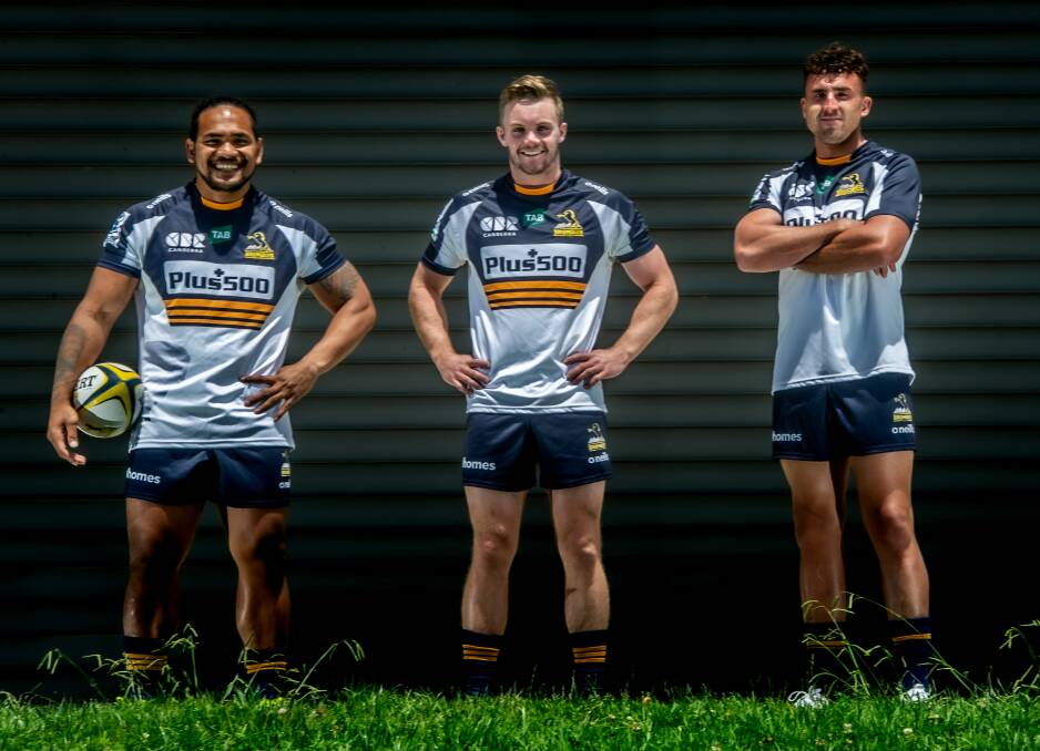 Ryan Lonergan (centre), wearing the Brumbies' new kit, is looking forward to their first hit-out. Picture: Karleen Minney
