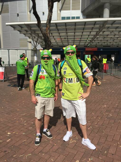 Aiden Wells and Ben Henshaw wear their custom-made beards at the NRL grand final.