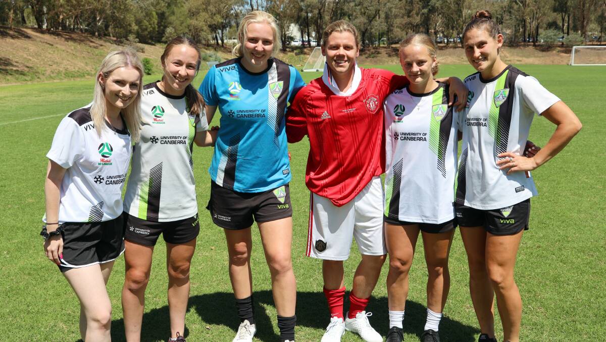 Canberra United players Laura Hughes, Sally James, Hayley Taylor-Young and Kayleigh Kurtz with singer Conrad Sewell and Gemma Maddox. Picture: Canberra United