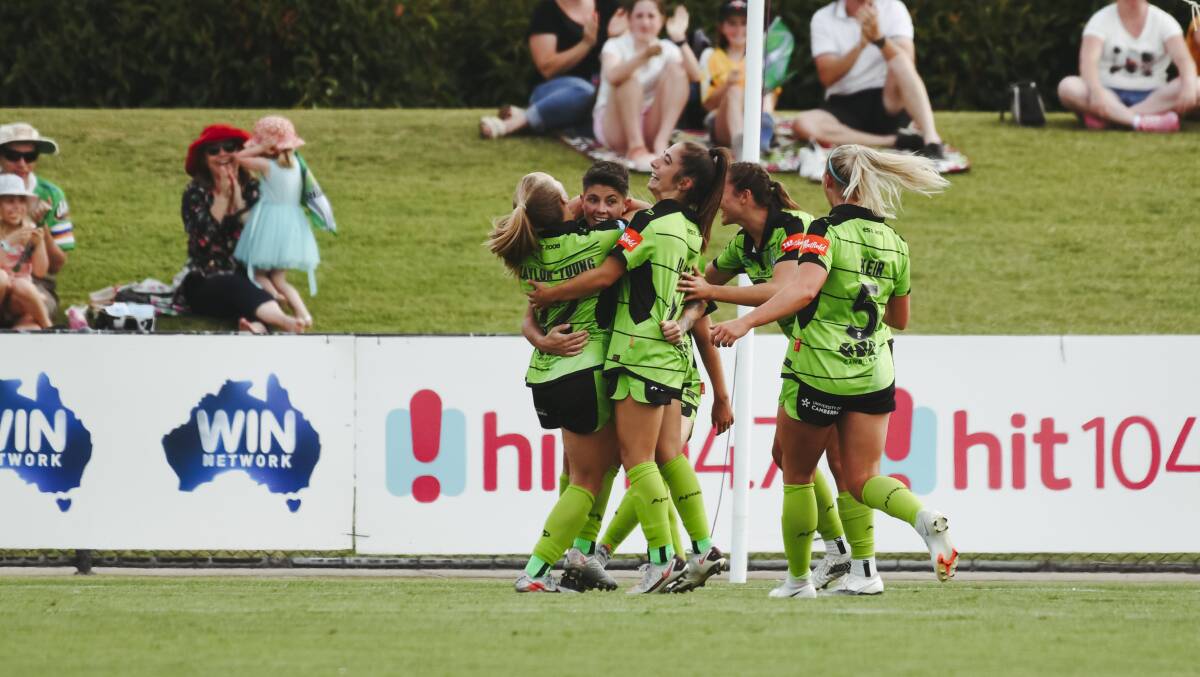 Canberra United debutant Emma Ilijoski celebrating with her teammates. Picture: Dion Georgopoulos