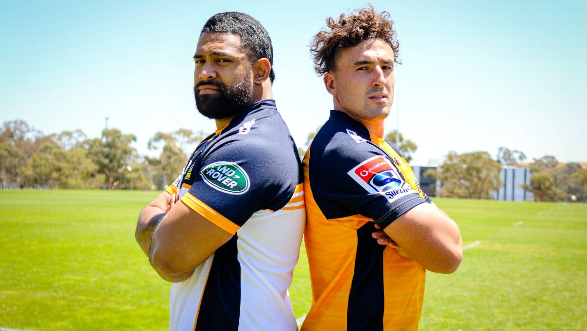 Scott Sio and Tom Banks wear the Brumbies' 2020 home and away jerseys. Picture: Marty Cambridge/Brumbies Media