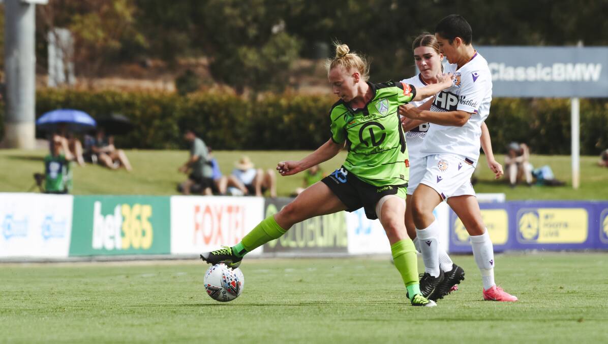 Canberra United's Isabella Foletta had two shots on goal against her former team, Perth Glory. Picture: Dion Georgopoulos