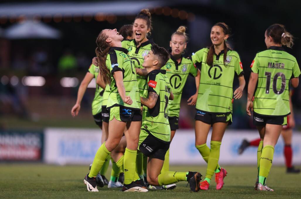 Laura Hughes scored a clutch goal to break the deadlock in Canberra United's round win over Adelaide United. Picture: Getty
