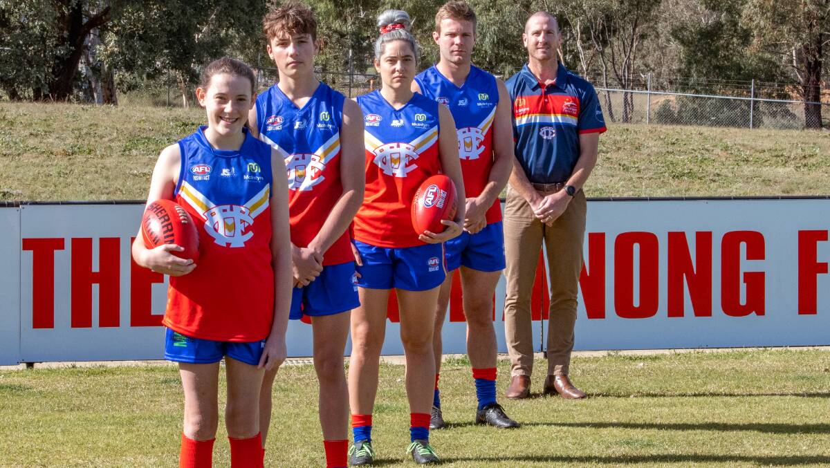 Morgan Stevens, Leo Lahey, Katherine Ghirardello, Luke Andreatta and Jim Rice wear the new Tuggeranong Valley colours. Picture: Supplied