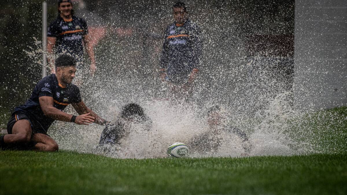 The Brumbies made a splash at training in preparation for this week's clash with the Western Force. Picture: Karleen Minney