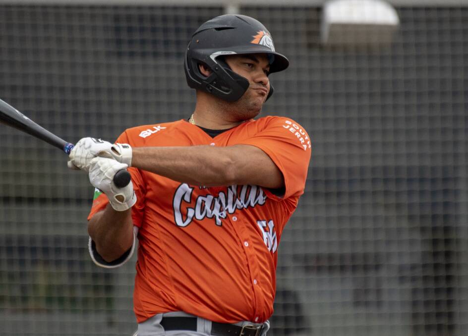 Donald Lutz helped the Canberra Cavalry to a 7-0 win over the Melbourne Aces with a fifth inning homer on Saturday. Picture: SMP Images