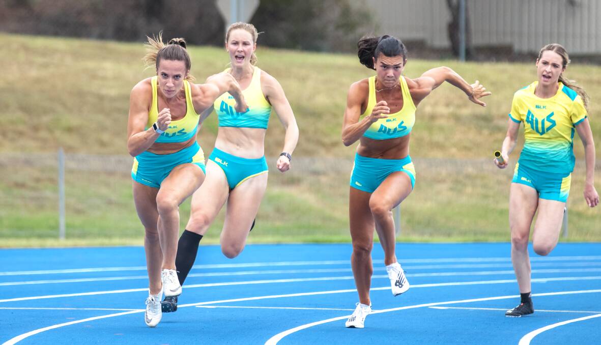 Bree Masters and Riley Day train with the Australian relay team at the AIS in December. Picture: Sitthixay Ditthavong