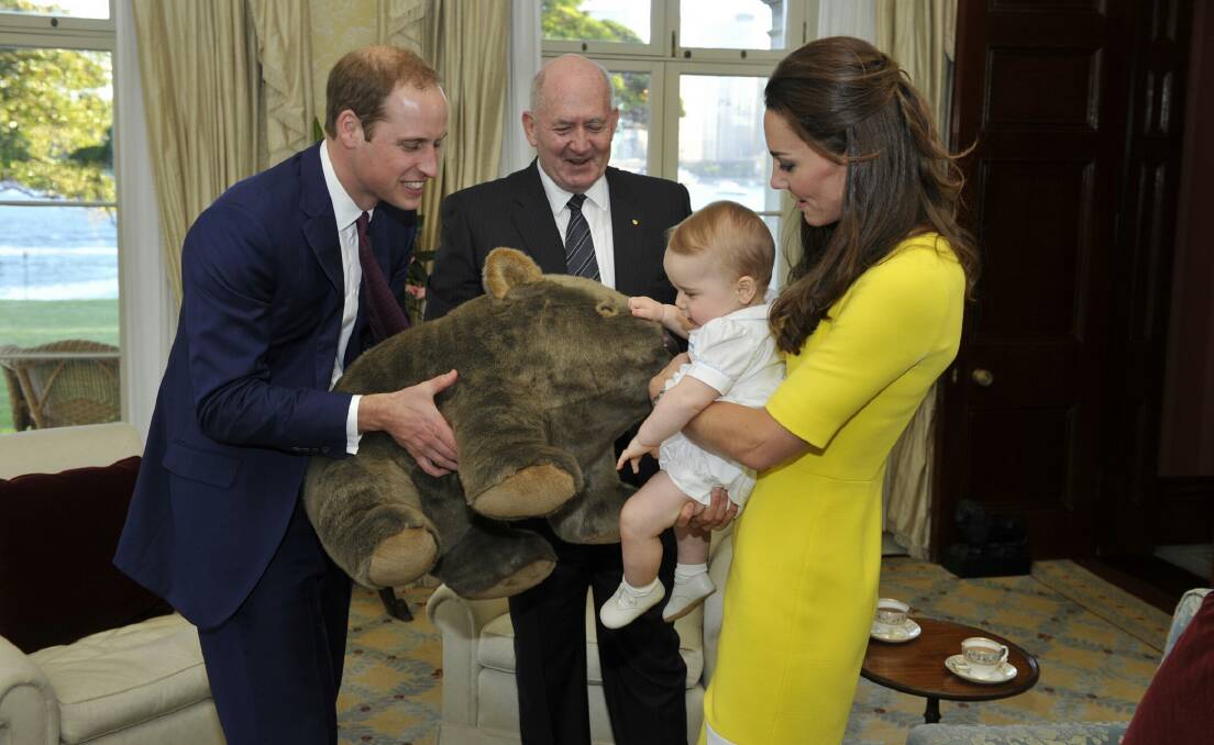 General Sir Peter Cosgrove with the Duke and Duchess of Cambridge and Prince George, with a giant toy wombat that the Cosgroves gave. Picture: Courtesy, General Sir Peter Cosgrove 