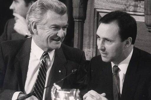 Bob Hawke and Paul Keating at the national tax summit in 1985. Picture: David James Bartho