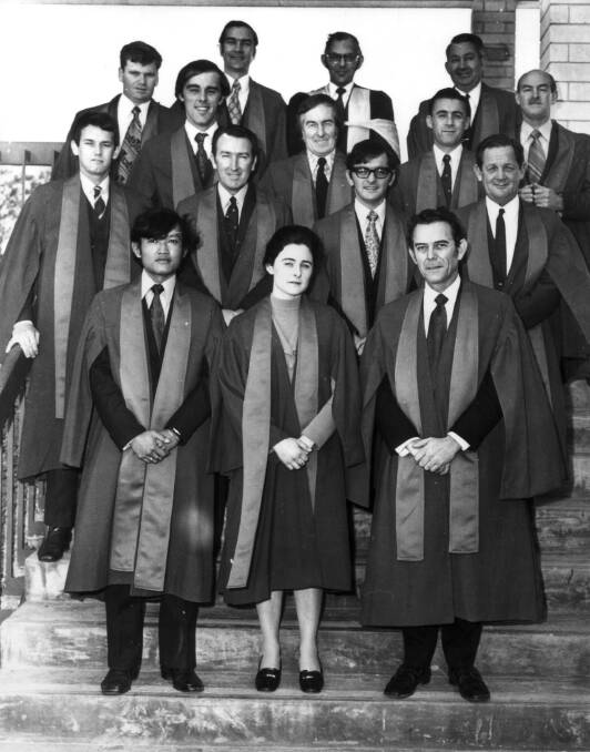 The first cohort to graduate from the University of Canberra (then the Canberra College of Advanced Education) in 1973. Mike Salloom (third from left, second row) Photo: Supplied
