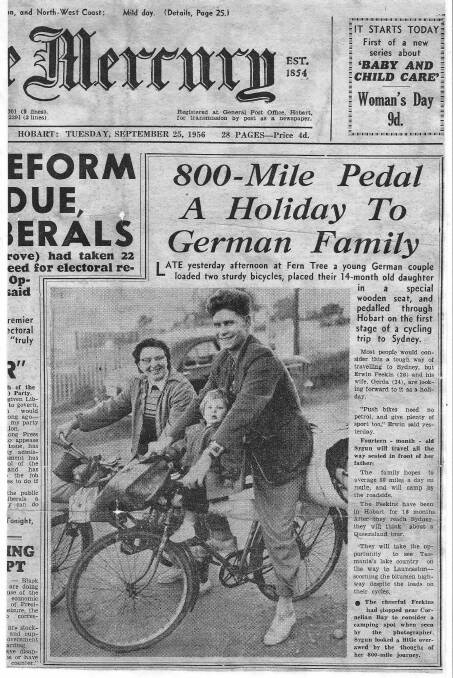 The front page of the Hobart Mercury from 25 September 1956 features the Feeken family departing on their epic bike ride from Hobart to Canberra. TYM Photo: Supplied