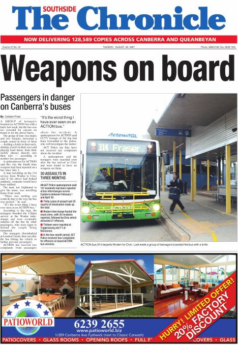A frontpage article in the Southside Chronicle from August 2007 revealed a couple had been threatened by a knife on an ACTION bus, which was too full for the driver to be informed.   Photo: Canberra Times