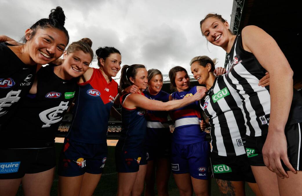 Marquee players Darcy Vescio and Briana Davey of the Blues, Demons Melissa Hickey and Daisy Pearce, Bulldogs Katie Brennan and Ellie Blackburn and Magpies Moana Hope and Emma King  Photo: AFL Media