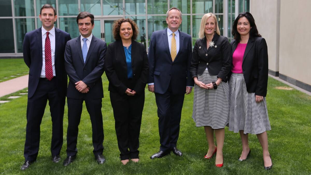 Bill Shorten with his shadow ministerial appointments; Jim Chalmers, Senator Sam Dastyari, Michelle Rowland, Senator Katy Gallagher and Terri Butler. Photo: Andrew Meares