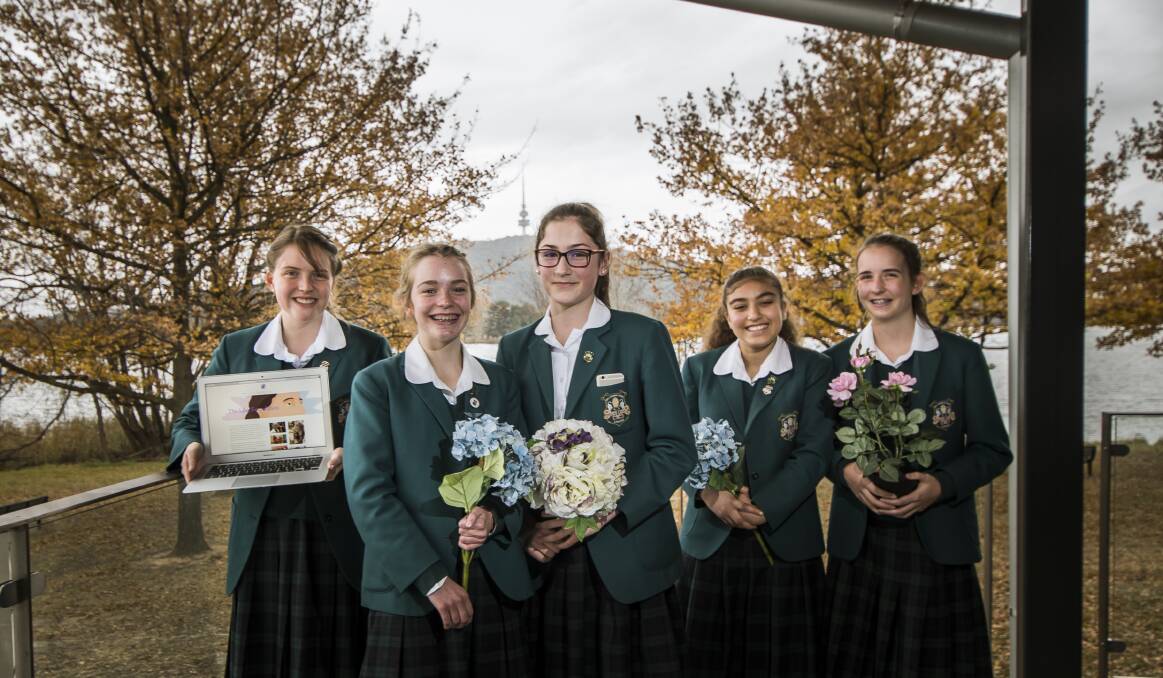 Canberra Girls Grammar School year 9 students, Charlotte Morrissey, Tatyana Ludwig, Anna Schier, Leila Mokahal and Sarah Larsen showcase their project, The Lilac Foundation, which plans to honour Marion Griffin Photo:  Elesa Kurtz