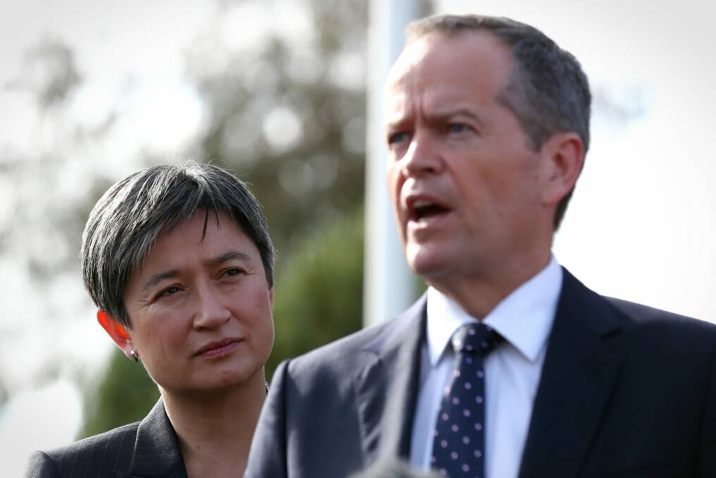 Opposition Leader Bill Shorten and Labor senator Penny Wong, who has argued strongly against the plebiscite and for same-sex marriage.  Photo: Alex Ellinghausen