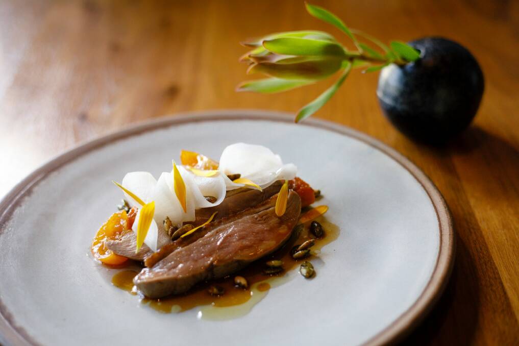 Duck breast, confit cumquat, roast pumpkin, and fermented daikon at two-hatted Aubergine. Photo: Sitthixay Ditthavong
