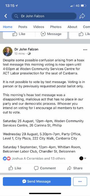 Canberra preselection candidate John Falzon posted about the hoax on Facebook.