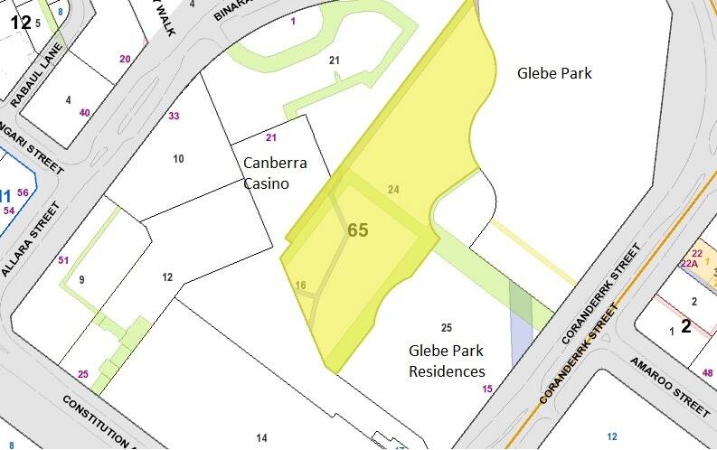 A map showing the Glebe Park section bought by the ACT Government for $4.2 million.
