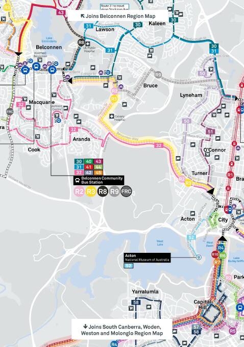 The new bus network planned for the western half of the inner north/Belconnen. Photo: Supplied