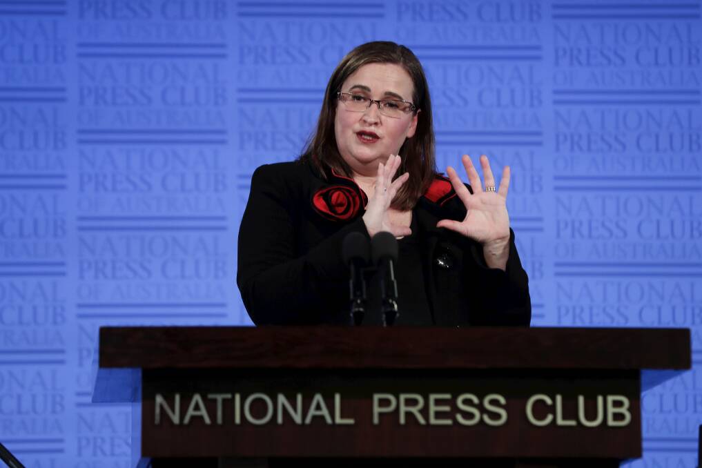 Sex Discrimination Commissioner Kate Jenkins addresses the National Press Club in Canberra on Wednesday. Photo: Alex Ellinghausen