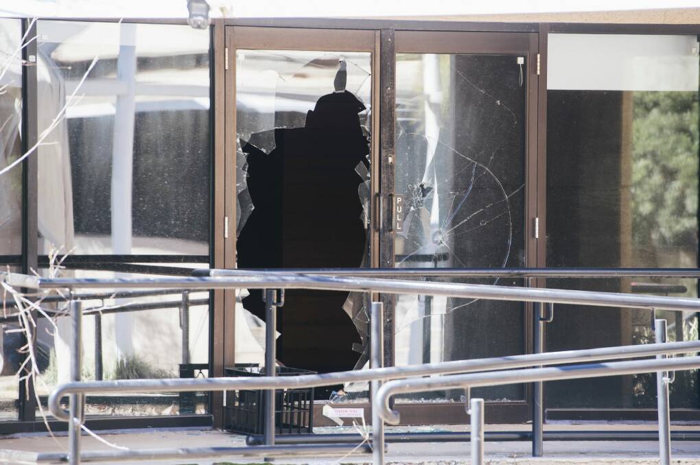 Damage to the former CSIRO office in Campbell on Thursday afternoon. Photo: Rohan Thomson