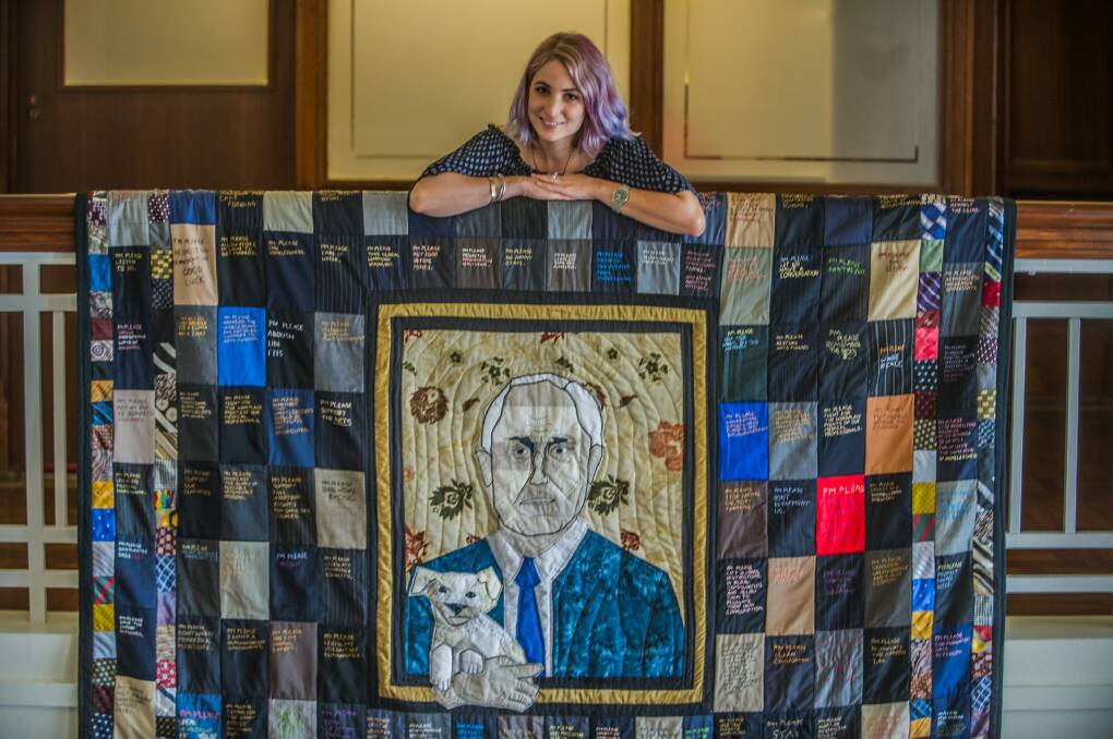 Artist Tal Fitzpatrick has made a "PM Please" quilt- adorned with 121 hand-stitched messages to Malcolm Turnbull. Photo: Karleen Minney
