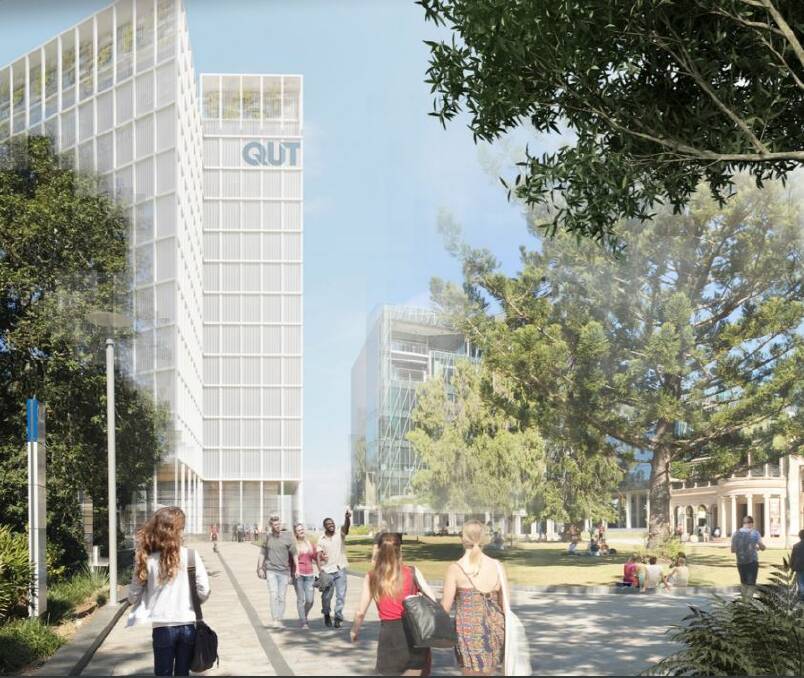 Potential concept vision of long-term Gardens Theatre Precinct development at QUT Gardens Point. Photo: Queensland University of Technology
